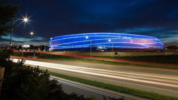 MAX WIDTH FOR PRINT: 8 INCHES -- Minnesota United FC's Allianz Stadium in St. Paul switched on its blue exterior lights for the first time on July 18, 2018. (Courtesy of MN United)
