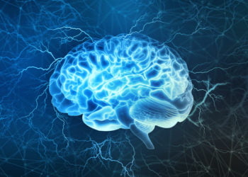 Ilustración digital del cerebro humano. Actividad eléctrica, destellos y relámpagos sobre un fondo azul.