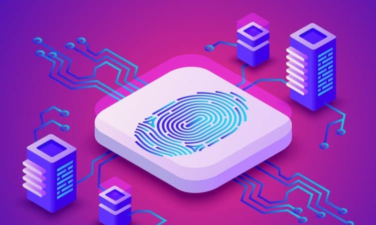 Biometrics blockchain technology vector illustration of digital fingerprint security for cryptocurrency concept. Data communication server and secure access scanner on purple ultraviolet background