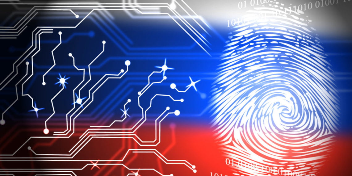 Bandeira da Rússia e impressão digital mostrando Hacking ilustração 3d