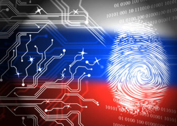 Russia Flag And Fingerprint Showing Hacking 3d Illustration