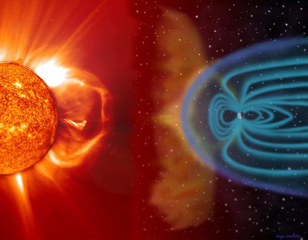 Explosão CME de ejeção de massa coronal e subsequente impacto na Terra