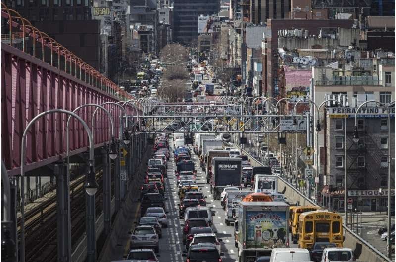 Congested traffic from Brooklyn enters Manhattan off the Williamsburg Bridge on March 28, 2019, in New York. New York is poised to become the first city in the United States to charge motorists an additional fee for entry into its most congested areas. Credit: AP Photo / Mary Altaffer, file