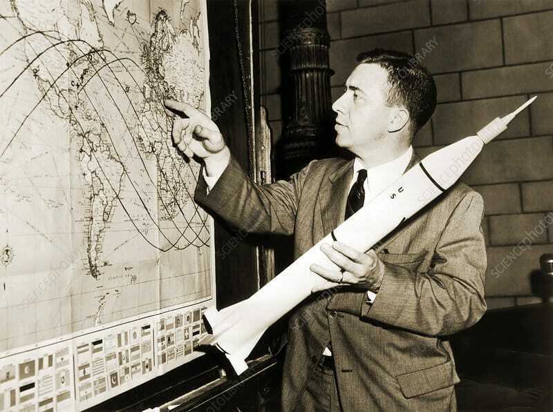 ^BJames Van Allen^b (1914-2006), US astrophysicist, holding a model of the rocket launcher Juno 1 with the satellite Explorer 1 on the nose cone. He is pointing to a map of the orbital path for this satellite. In 1958, Allen argued for the use of a Geiger counter (radiation detector) on Explorer I, the first American scientific satellite. The counter detected belts of ionised particles trapped by the Earth's magnetic field. These belts were named Van Allen belts after him. Van Allen retired in 1985 and was awarded the Crafoord Prize for Astronomy in 1989.