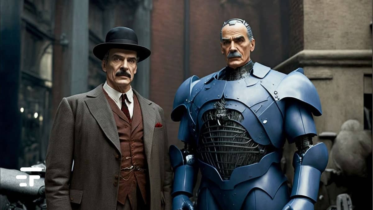 nella foto: un momento della lavorazione di "Poirot e Sherlock Holmes a Metropolis". Ovviamente è un'immagine inventata. O no?