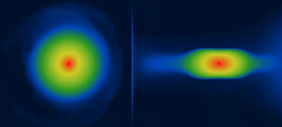 Simulated young planet viewed from above (left) and from the side (right). Credit: UCLan