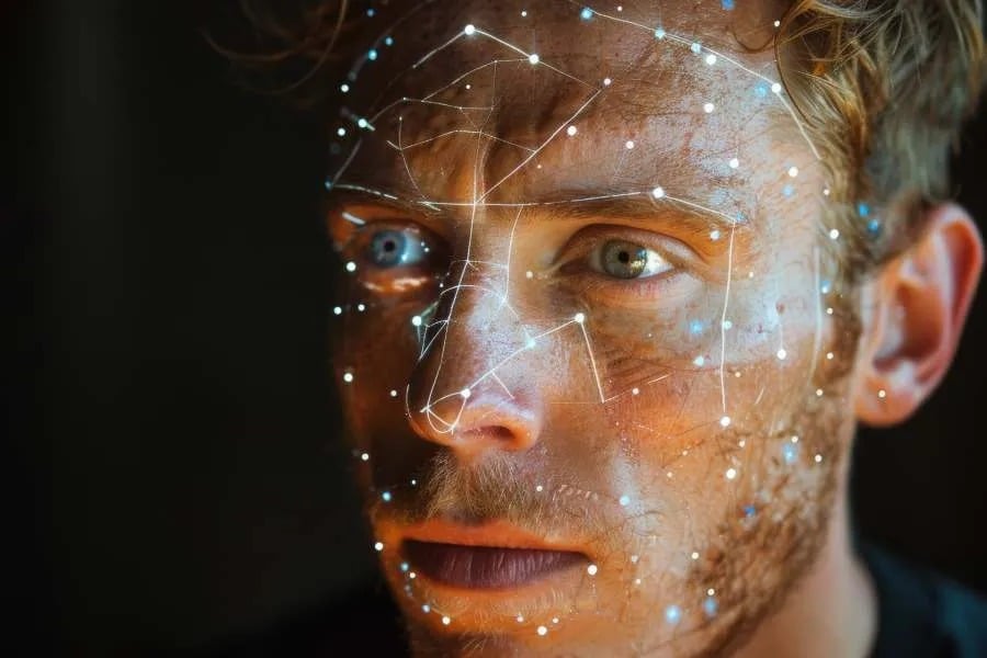 Analisi della pelle con intelligenza artificiale su smartphone in laboratorio dermatologico