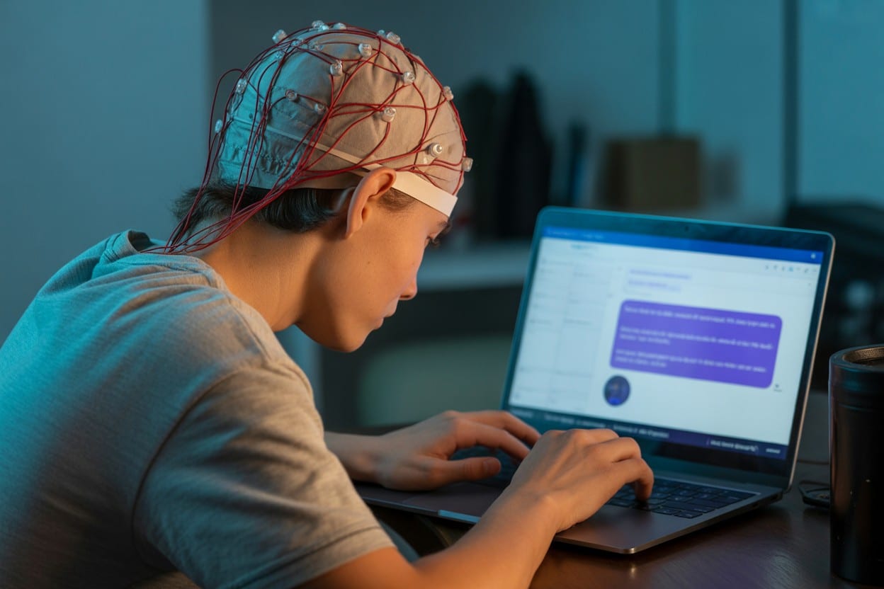 debito cognitivo studente davanti a schermo con onde cerebrali EEG