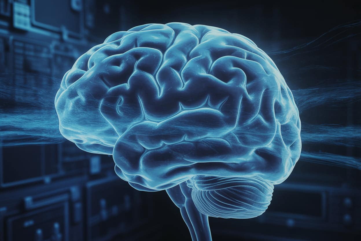 debito cognitivo cervello umano illuminato da luce digitale blu