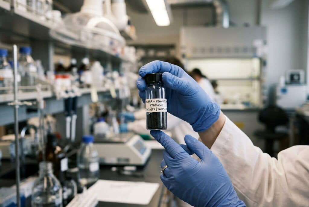 Dal guscio al char: cinque minuti a 500 gradi e il carbonio delle arachidi è pronto per il suo secondo atto.