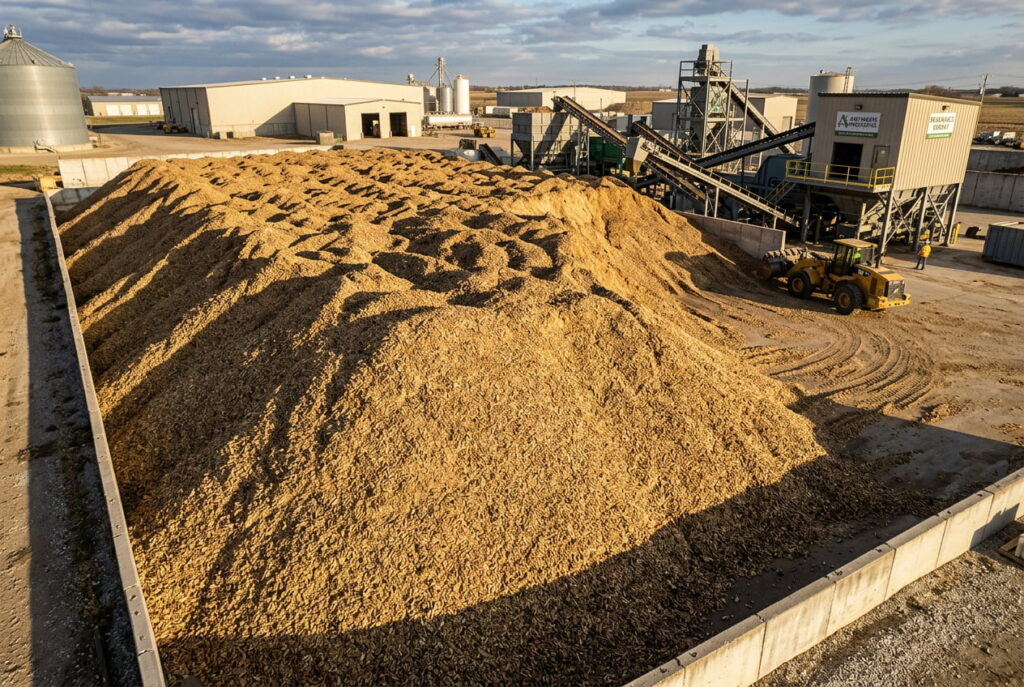 Enorme accumulo di gusci di arachidi in impianto di gestione rifiuti agricoli