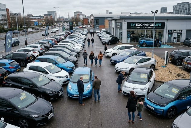 Concessionaria di auto elettriche usate affollata di clienti durante il boom di vendite legato al caro benzina
