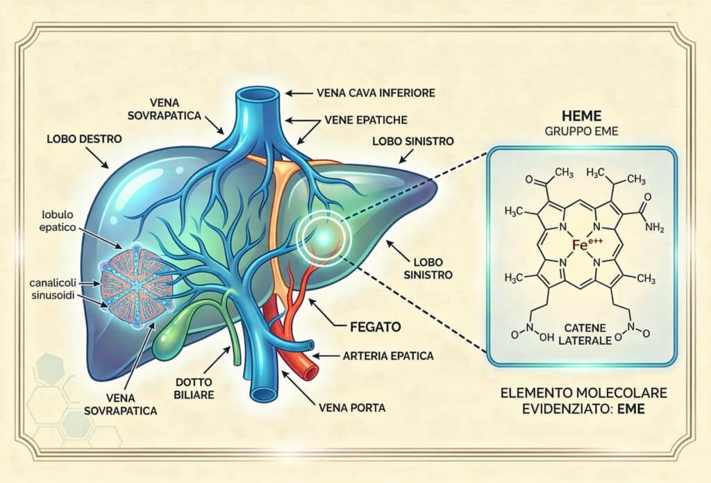pressione alta Schema anatomico stilizzato fegato e vasi sanguigni con elemento molecolare evidenziato
