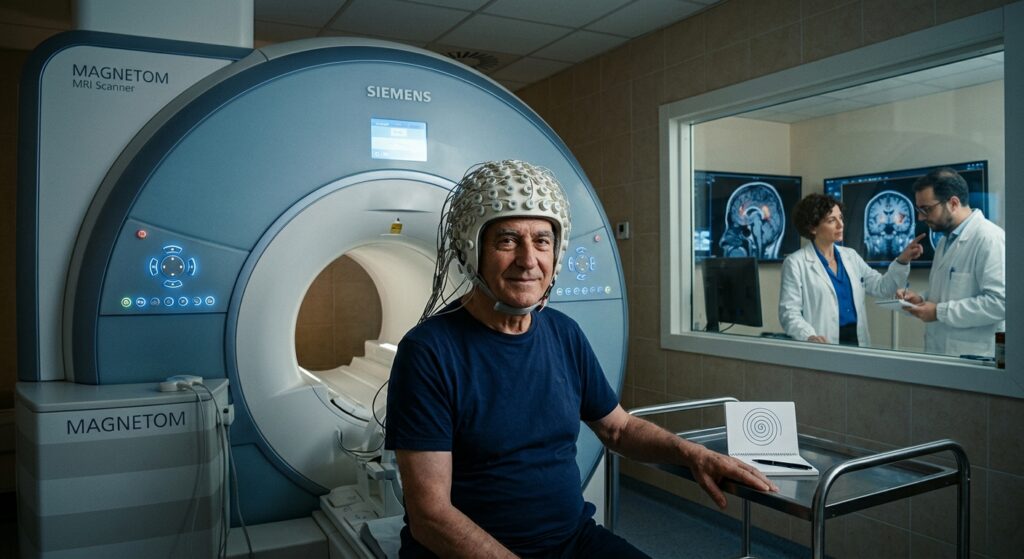 A 72-year-old man sits calmly inside a large MRI scanner, wearing a specialized white helmet covered with thousands of tiny ultrasound transducers, surrounded by the cool blue glow of medical imaging equipment in a modern hospital setting. The scene is rendered in a cinematic, editorial photography style with dramatic lighting contrasting the clinical white of the room against warm human skin tones. Through a glass window, attentive neurologists in white coats monitor real-time brain scans on glowing screens. On a nearby tray, a pen and paper show a spiral drawing — this time drawn with a steady, tremor-free hand. The atmosphere conveys quiet medical breakthrough: no scalpels, no wounds, just precise invisible sound waves converging on a single point deep within the brain. The mood is hopeful and human, grounded in the reality of a southern Italian hospital where a life-changing technology has finally arrived close to home.