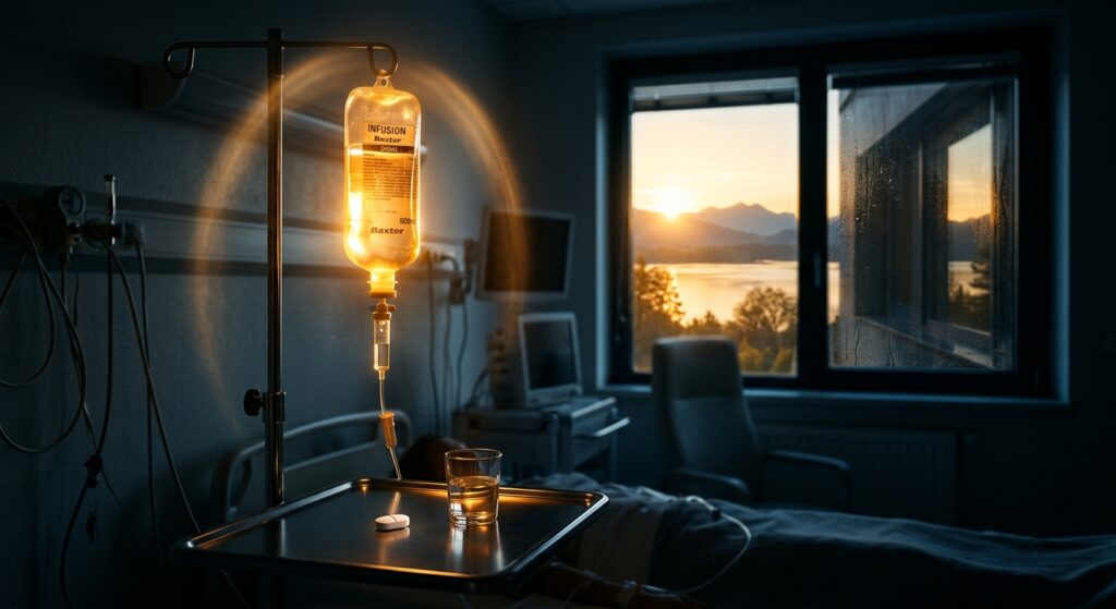 A dramatic and hopeful medical science illustration showing a glowing IV drip infusion bag casting warm golden light in a dimly lit clinical setting, with a small pill resting on a reflective surface nearby. The light from the IV bag extends outward like an opening window, illuminating a dark room and revealing a calm, serene landscape beyond — symbolizing extended relief and a passage of time. The atmosphere is both scientific and deeply human, blending a hospital environment with a sense of quiet hope. Cinematic lighting, photorealistic style with painterly depth, cool blue-gray shadows contrasting with warm amber light.