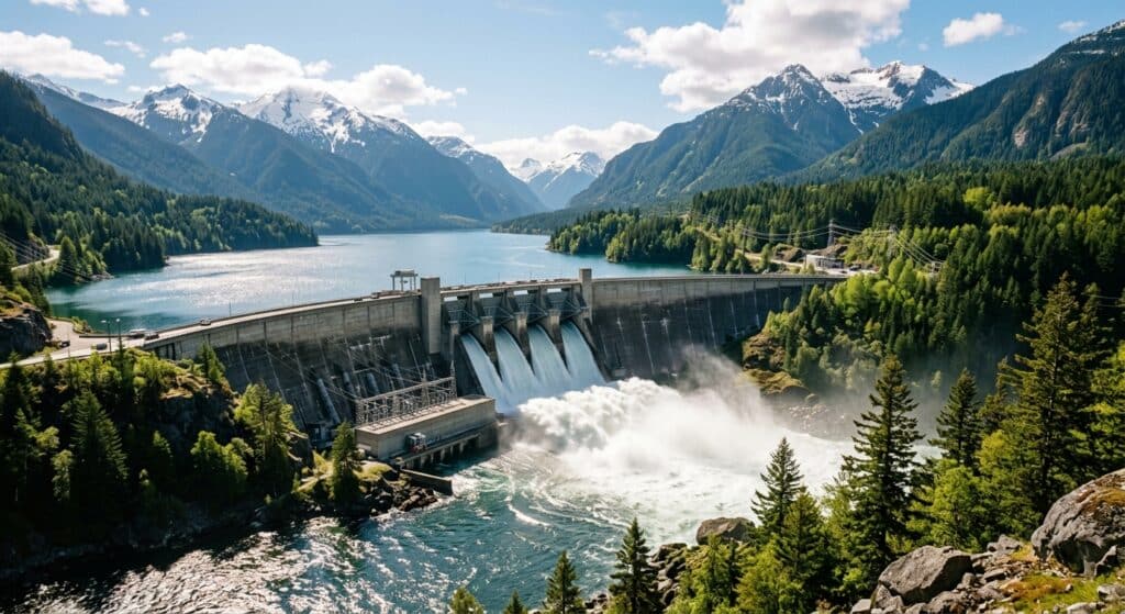 A dramatic and majestic hydroelectric dam set within a lush mountain valley, with a large reservoir of deep blue-green water stretching behind it. Powerful white water flows through the dam's turbine outlets, creating mist in the air. The surrounding landscape features dense green forests and snow-capped peaks under a clear blue sky with soft clouds. In the foreground, gentle ripples on the water surface reflect sunlight, emphasizing the natural and clean energy source. The scene conveys sustainability, power, and harmony between human engineering and nature. Photorealistic editorial style with vibrant natural colors and dramatic lighting.