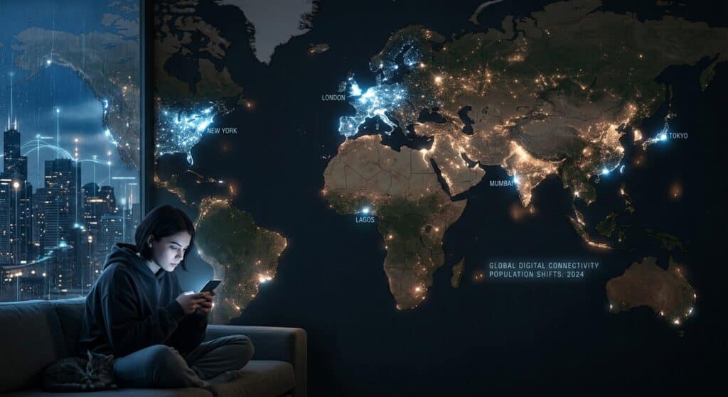 A dramatic bird's-eye view of a world map gradually illuminating in patches, cities glowing bright first, then valleys and rural areas lighting up more faintly and later, rendered in a dark cinematic style. In the foreground, a solitary young person sits hunched over a glowing smartphone screen in a dimly lit urban apartment, their face bathed in cold blue light, while through the window behind them a city skyline pulses with connectivity signals and data streams. The atmosphere is moody and contemplative, blending data visualization aesthetics with intimate human isolation. The color palette contrasts warm amber tones of traditional community life fading in the background against the cold blue-white glow of digital screens dominating the foreground. Editorial illustration style, high contrast, cinematic lighting, photorealistic with subtle graphic elements suggesting demographic decline and digital connectivity spreading across generations.