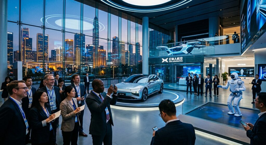 A dramatic wide-angle editorial photograph of a sleek, futuristic Chinese technology showroom in Shenzhen, with a group of well-dressed international business investors and founders in the foreground, gazing in awe at a gleaming electric vehicle on a rotating platform and a humanoid robot performing precise movements nearby. Floor-to-ceiling glass walls reveal a sprawling urban skyline of glowing skyscrapers at dusk. The atmosphere blends high-tech spectacle with pilgrimage-like reverence — visitors photographing with phones, taking notes, some wearing lanyards suggesting a guided tour. A flying car prototype is visible on a raised display platform in the background. The color palette is dominated by cool blues, electric whites, and amber city lights. Cinematic lighting, photorealistic style, editorial magazine quality.
