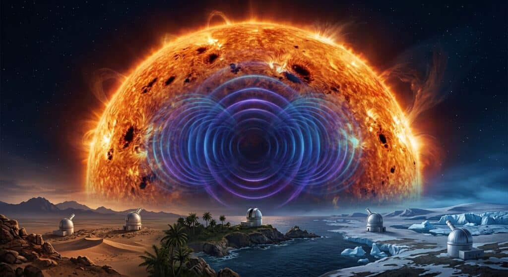 A dramatic, wide-angle illustration of the Sun in deep space, its glowing photosphere covered in dark sunspots, while beneath its visible surface ghostly concentric wave patterns ripple outward like sound waves inside a bell, revealing hidden magnetic activity invisible from outside. In the foreground, six small observatory domes are scattered across diverse remote landscapes — a desert, an island, a polar tundra — all pointing upward toward the same blazing star. The color palette contrasts the bright orange and yellow of the solar surface with deep blue and violet hues representing the interior wave activity. The mood is scientific and contemplative, evoking the mystery of something immense happening just out of sight. Photorealistic digital art with editorial illustration style, cinematic lighting, no text.