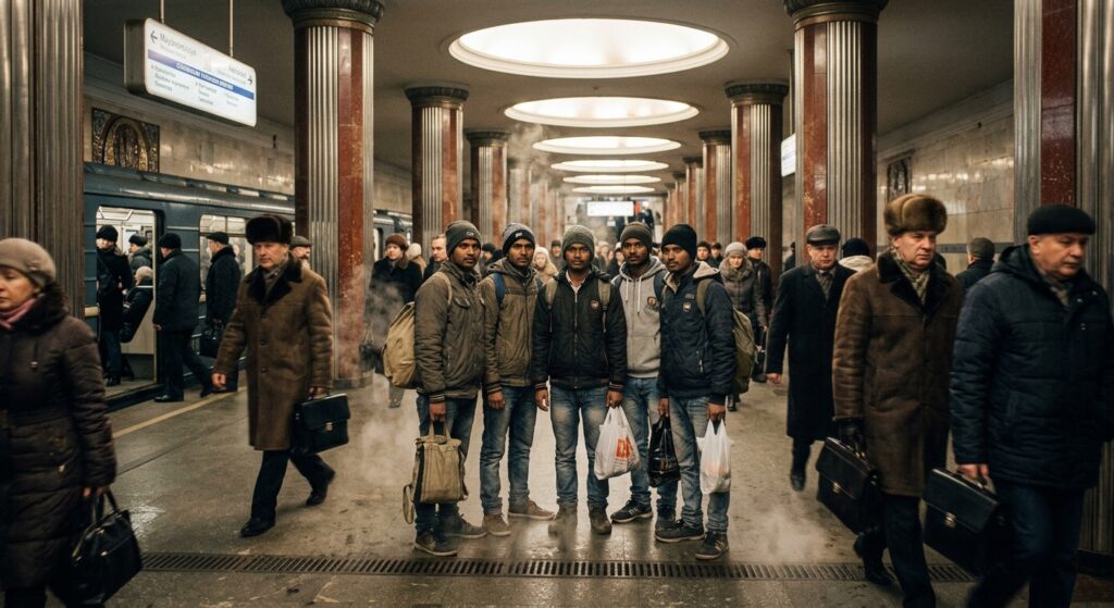 A group of young Indian male workers in winter clothing standing on a busy Moscow metro station platform, surrounded by rushing Russian commuters who pay them little attention. The workers carry simple bags and look around with a mix of curiosity and quiet determination. The station architecture is grand Soviet-era style with ornate columns and dim golden lighting. Steam from heating vents drifts across the cold platform. The scene captures a cultural contrast — South Asian faces amid a sea of pale Eastern European commuters — rendered in a gritty, documentary photojournalism style with desaturated tones, shallow depth of field, and natural ambient light. Cinematic and editorial atmosphere.