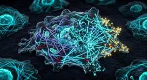 A highly detailed microscopic scientific illustration showing a cancer cell's internal cytoskeleton collapsing in a dramatic domino effect. The cell interior reveals a glowing network of actin filaments — depicted as luminous blue-green scaffolding strands — beginning to disassemble and fragment from the point where small golden nanoparticles (Au-PEG-R11) are binding. The actin network unravels progressively, pulling apart intermediate filaments and integrin connections in a cascade. The cellular membrane loses its polarized shape, becoming irregular and immobile. In the background, other bladder cancer cells remain intact for contrast. The visual style blends scientific accuracy with dramatic biopunk aesthetics — dark background, vivid bioluminescent colors, ultra-high magnification electron microscopy aesthetic with a slight cinematic depth of field. No text or labels. Photorealistic scientific visualization with rich detail in the molecular architecture.