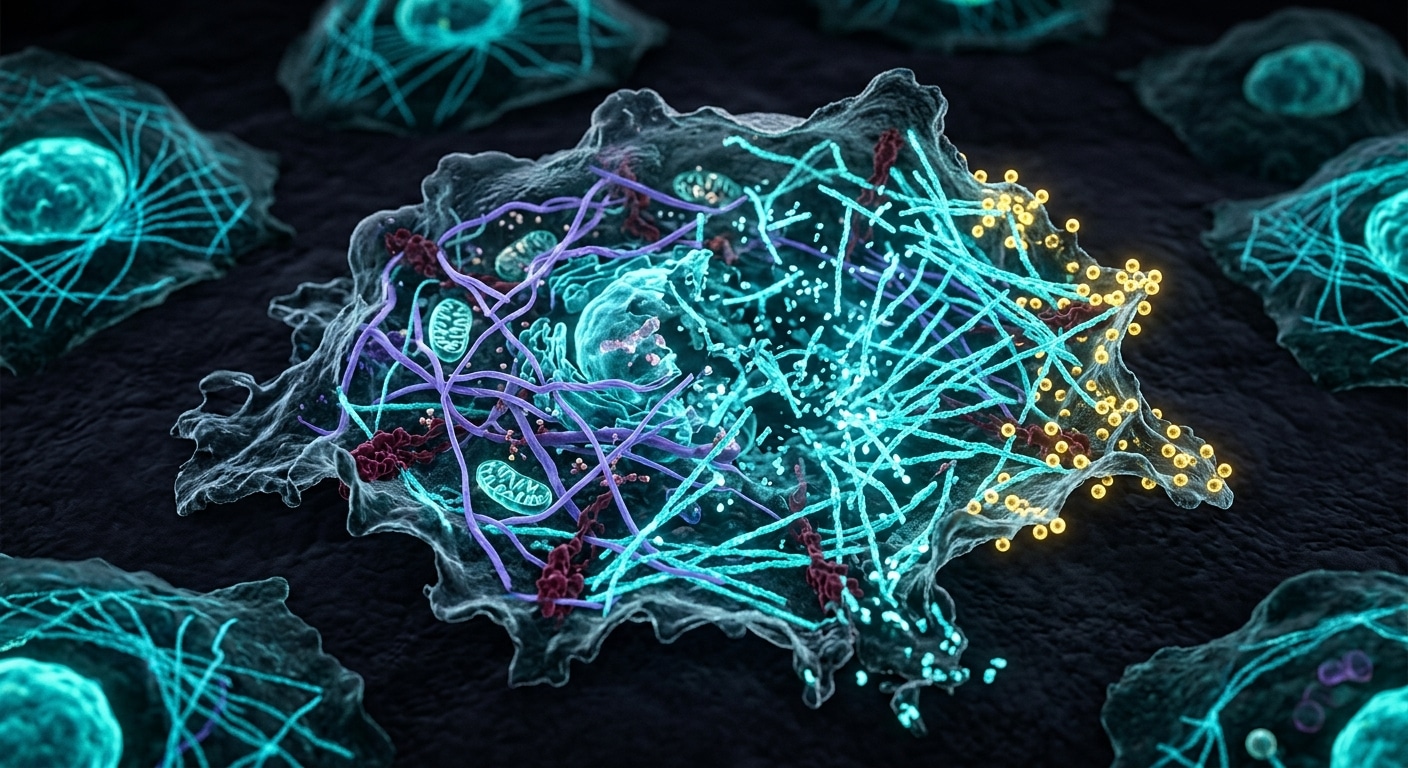 A highly detailed microscopic scientific illustration showing a cancer cell's internal cytoskeleton collapsing in a dramatic domino effect. The cell interior reveals a glowing network of actin filaments — depicted as luminous blue-green scaffolding strands — beginning to disassemble and fragment from the point where small golden nanoparticles (Au-PEG-R11) are binding. The actin network unravels progressively, pulling apart intermediate filaments and integrin connections in a cascade. The cellular membrane loses its polarized shape, becoming irregular and immobile. In the background, other bladder cancer cells remain intact for contrast. The visual style blends scientific accuracy with dramatic biopunk aesthetics — dark background, vivid bioluminescent colors, ultra-high magnification electron microscopy aesthetic with a slight cinematic depth of field. No text or labels. Photorealistic scientific visualization with rich detail in the molecular architecture.