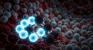 A highly detailed microscopic scientific illustration showing a small cluster of glowing, active CD8 T-cells surrounded by a vast field of dimmer, exhausted lymphocytes, all set against the dark red interior of bone marrow tissue. The few dominant T-cells emit a bright, cool blue-white light as they engage with cancerous plasma cells, depicted as irregular, densely packed dark masses. Delicate molecular bridges — representing bispecific antibody engagers — visually connect the T-cells to the tumor cells. Some T-cells in the background appear faded and grey, symbolizing functional exhaustion. The overall aesthetic is cinematic and editorial, with a photorealistic biopunk style, extreme depth of field, dramatic contrast between light and shadow, and a color palette of deep crimson, electric blue, and muted grey.