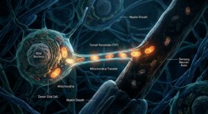 A highly detailed scientific illustration rendered in a cinematic, editorial style showing a glial satellite cell extending a thin, luminous tunnel nanotube toward a long sensory neuron axon in the peripheral nervous system. The nanotube acts as a biological delivery channel, visibly transferring glowing, energy-charged mitochondria — depicted as small bean-shaped organelles radiating warm amber and orange light — from the healthy glial cell into the dimmer, energy-depleted neuron. The surrounding environment is the dark, deep-blue microenvironment of peripheral nerve tissue, with subtle cellular membranes and fibrous structures fading into the background. The healthy mitochondria glow brightly in contrast to the faint, flickering ones already inside the struggling neuron. The overall mood is one of quiet biological generosity and cellular repair, with a biopunk aesthetic blending scientific accuracy and visual poetry. Macro microscopy visual style, soft volumetric lighting, ultra-detailed cellular textures, no text or labels.