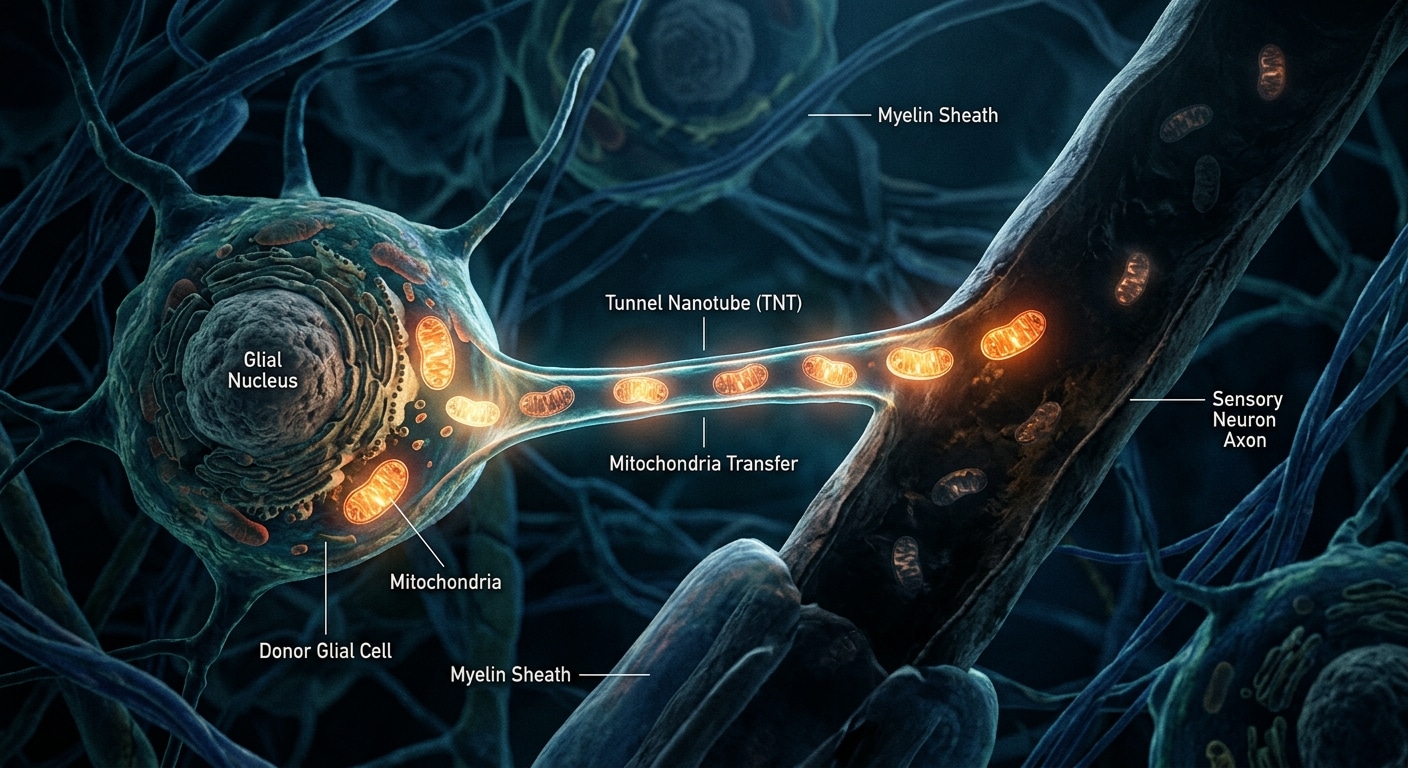 A highly detailed scientific illustration rendered in a cinematic, editorial style showing a glial satellite cell extending a thin, luminous tunnel nanotube toward a long sensory neuron axon in the peripheral nervous system. The nanotube acts as a biological delivery channel, visibly transferring glowing, energy-charged mitochondria — depicted as small bean-shaped organelles radiating warm amber and orange light — from the healthy glial cell into the dimmer, energy-depleted neuron. The surrounding environment is the dark, deep-blue microenvironment of peripheral nerve tissue, with subtle cellular membranes and fibrous structures fading into the background. The healthy mitochondria glow brightly in contrast to the faint, flickering ones already inside the struggling neuron. The overall mood is one of quiet biological generosity and cellular repair, with a biopunk aesthetic blending scientific accuracy and visual poetry. Macro microscopy visual style, soft volumetric lighting, ultra-detailed cellular textures, no text or labels.