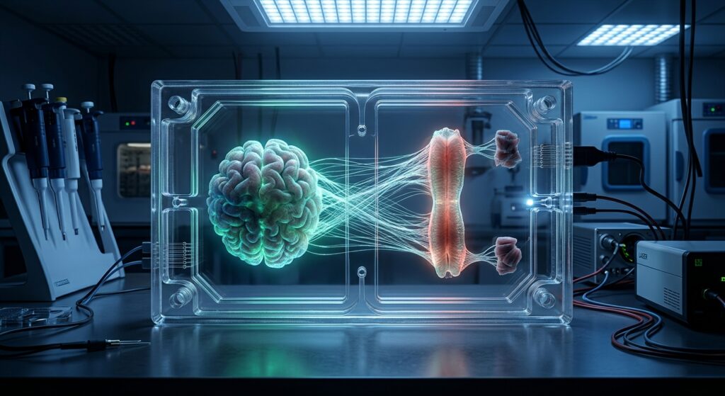 A highly detailed scientific illustration showing a miniature human brain organoid and spinal cord organoid connected by delicate, glowing neural fiber bridges inside a transparent laboratory device filled with clear fluid. The two distinct tissue structures are physically separated but visibly linked by fine axonal threads stretching across the gap, with small muscle aggregates attached at the ends visibly contracting. The setting is a cutting-edge neuroscience laboratory environment, with soft blue and white ambient lighting illuminating the organoids from within. The visual style is photorealistic with a slight biopunk aesthetic, emphasizing the fragility and complexity of the living neural tissue. Microscopic detail reveals intricate cellular structure, synaptic connections, and the luminous pathways of regenerating axons growing across the void between the two organoids, evoking both scientific precision and the profound hope of spinal repair research.