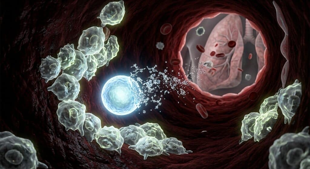 A photorealistic editorial-style illustration showing a glowing nanoparticle traveling through a human bloodstream, rendered as a luminous blue-white sphere navigating through dark red blood vessels. Surrounding the nanoparticle are translucent, ghostly grey cells — the so-called zombie cells — emitting a faint eerie glow, slightly decayed in appearance, clustered along vessel walls. The nanoparticle is depicted mid-interaction, being cleaved by enzyme activity shown as sparkling molecular fragments breaking away. In the background, a faintly visible lung structure rendered in soft anatomical tones provides context. The overall mood is scientific yet dramatic, with a dark background contrasted by bioluminescent blues and greens, cinematic lighting, microscopic scale visualization, highly detailed medical illustration aesthetic.