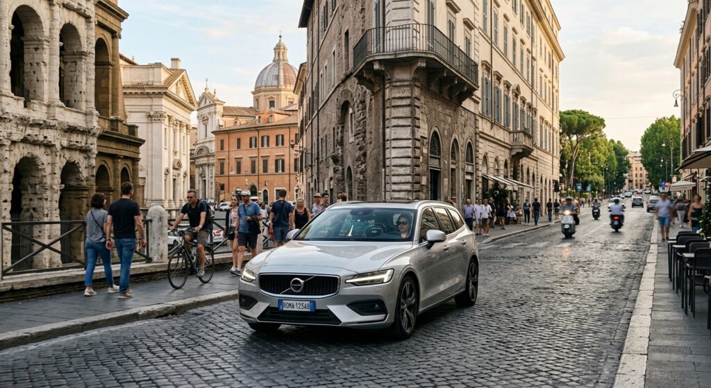 A photorealistic editorial-style image depicting modern urban mobility in a historic European city, showing a sleek hybrid car smoothly navigating a scenic city street lined with ancient architecture and cobblestone roads. The scene captures the contrast between timeless urban heritage and contemporary sustainable transportation, with soft natural daylight illuminating the vehicle's clean lines. In the background, glimpses of classical Roman-style buildings, piazzas, and tree-lined boulevards create depth and atmosphere. The car's interior dashboard subtly glows with digital connectivity features visible through the windshield. The overall mood is optimistic and forward-looking, conveying the harmony between environmental responsibility, cutting-edge automotive technology, and the vibrant rhythm of daily city life.