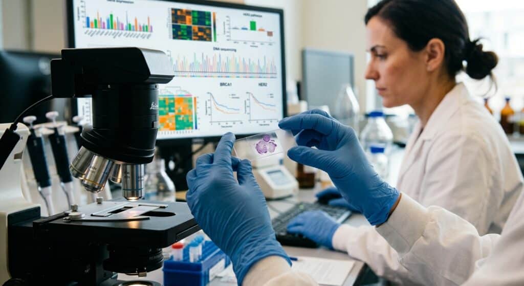 A photorealistic, editorial-style medical image depicting a close-up of a scientist's hands in a modern oncology laboratory, carefully handling a glass slide with breast tissue sample under soft clinical lighting. In the background, slightly out of focus, a digital screen displays colorful genomic data visualizations and gene activity charts. The atmosphere is precise, hopeful, and human — warm amber and cool blue tones balanced to convey both scientific rigor and patient-centered care. A subtle visual tension between technology and humanity, representing the moment a molecular test changes a treatment decision. No text, no labels, no logos.