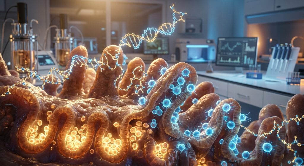 A photorealistic macro illustration of the interior of a small intestine, rendered with warm golden and blue laboratory lighting. In the foreground, glowing stem cells are visibly regenerating along the intestinal lining, surrounded by luminous immune T CD8 lymphocytes actively multiplying. Delicate molecular structures resembling amino acid chains float through the tissue like illuminated threads. In the soft-focus background, a sleek research laboratory environment is subtly visible — clean white surfaces, scientific equipment, faint blue instrument glow. The overall tone is scientific yet organic, combining the precision of biomedical illustration with the warmth of living tissue. The image evokes discovery, cellular renewal, and the unexpected power of nutrition at the molecular level. Editorial style, highly detailed, cinematic depth of field.