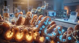 A photorealistic macro illustration of the interior of a small intestine, rendered with warm golden and blue laboratory lighting. In the foreground, glowing stem cells are visibly regenerating along the intestinal lining, surrounded by luminous immune T CD8 lymphocytes actively multiplying. Delicate molecular structures resembling amino acid chains float through the tissue like illuminated threads. In the soft-focus background, a sleek research laboratory environment is subtly visible — clean white surfaces, scientific equipment, faint blue instrument glow. The overall tone is scientific yet organic, combining the precision of biomedical illustration with the warmth of living tissue. The image evokes discovery, cellular renewal, and the unexpected power of nutrition at the molecular level. Editorial style, highly detailed, cinematic depth of field.