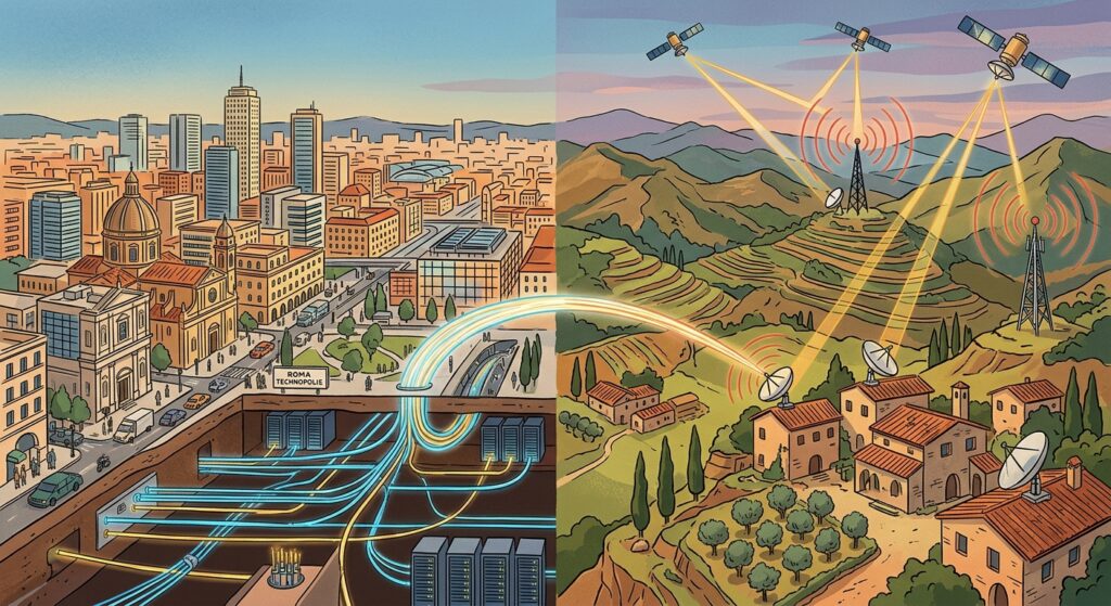 A split aerial view of Italy showcasing the stark contrast between a densely connected urban cityscape with glowing fiber optic cables and modern infrastructure on one side, and a remote rural mountain village or countryside on the other side, with satellite dishes on rooftops and wireless transmission towers on hilltops emitting radio wave signals. The scene is rendered in a clean, editorial illustration style with a warm color palette, symbolizing digital connectivity bridging the gap between urban and rural areas. Satellites orbit subtly in the sky above, with signal beams visually linking them to the rural homes below, evoking themes of digital inclusion and technological progress.