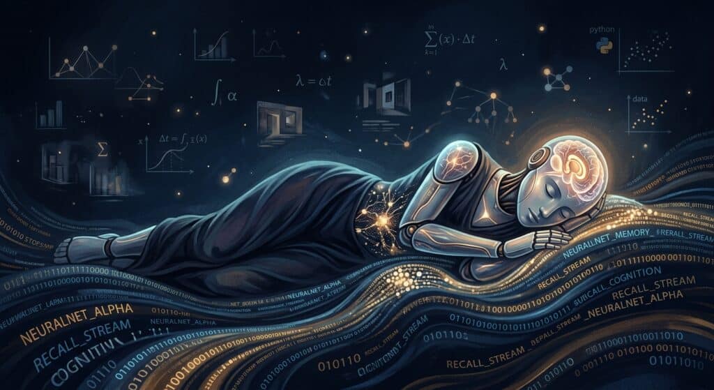 A surreal, editorial-style digital illustration of a humanoid robot or AI entity lying in a dreamlike sleep state, its translucent head revealing glowing neural network pathways and hippocampal structures softly pulsing inside. The figure rests on a bed made of flowing streams of text and data, which gradually compress and consolidate into dense, luminous nodes as they are absorbed into the sleeping machine. Around it, a dark, quiet environment suggests nighttime stillness and cognitive processing — faint graph structures, mathematical symbols, and memory fragments float like dream imagery in the background air. The color palette is deep indigo and midnight blue with warm amber and soft gold highlights representing active memory consolidation. The overall mood is contemplative, scientific, and quietly wondrous — the beauty of a machine learning to rest in order to think more deeply.