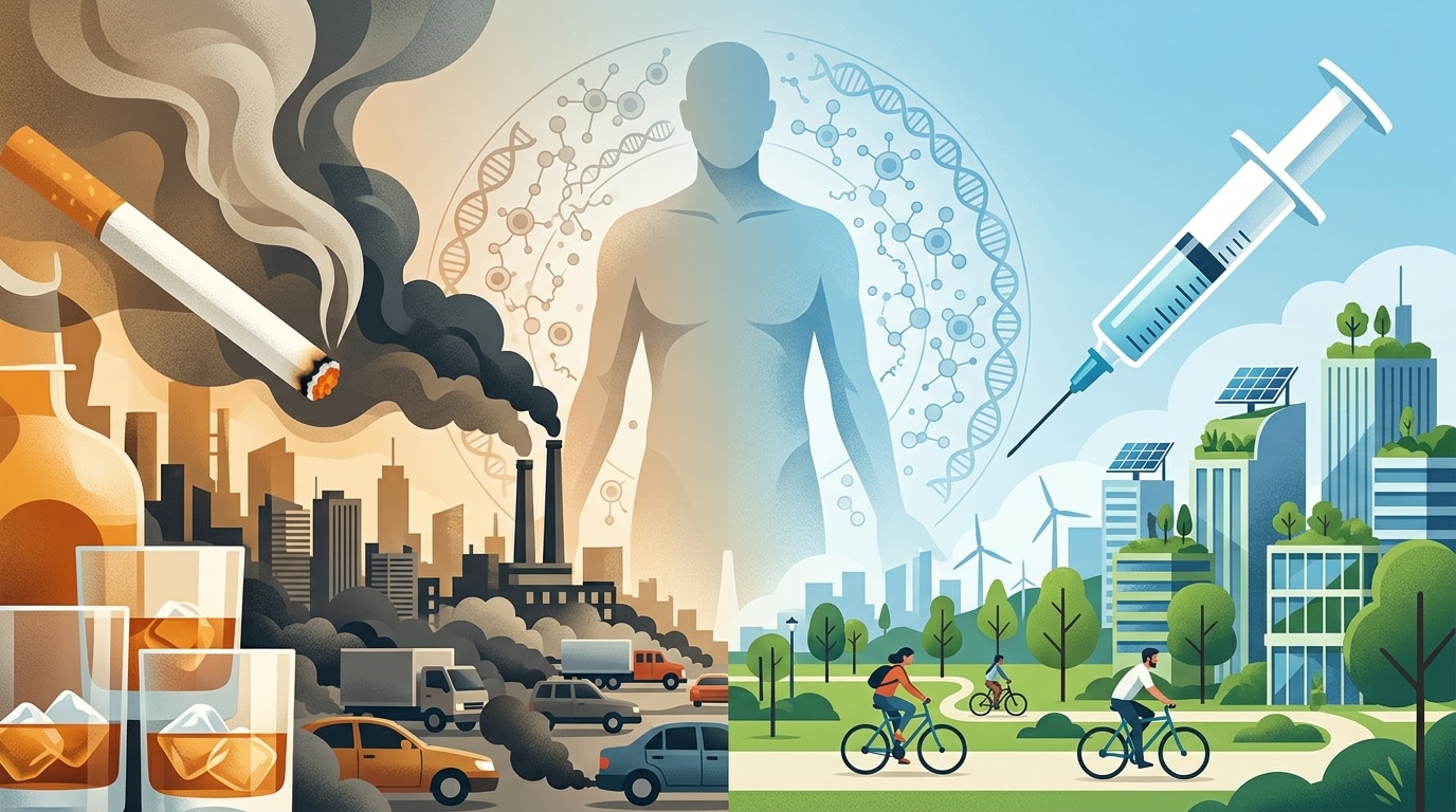 A wide-format editorial illustration depicting the concept of preventable cancer risk factors. In the foreground, a split visual: on one side, symbolic representations of modifiable risk factors — cigarette smoke dissolving into the air, alcohol glasses, industrial pollution haze over an urban skyline with heavy traffic. On the other side, protective symbols — a syringe suggesting vaccination, clean air over a green city, people cycling. In the background, a stylized human figure surrounded by a subtle cellular or molecular pattern, suggesting the body at risk but also capable of protection. The color palette contrasts warm amber and grey tones on the risk side with cooler blues and fresh greens on the prevention side. The overall mood is serious yet hopeful, scientific and editorial in style, rendered in a clean modern graphic illustration aesthetic with depth and visual metaphor. No text, no labels, no captions.
