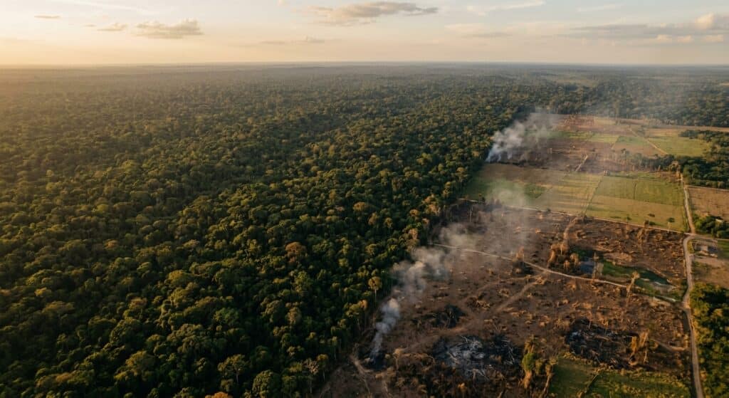 Aerial photorealistic view of the Amazon rainforest at golden hour, with a dramatic visual contrast between a vast, dense green canopy stretching to the horizon and a sharp boundary where the forest gives way to cleared land — brown earth, dried stumps, and patches converted to agricultural fields. In the cleared zone, faint traces of smoke rise from the ground. The scene captures both the immensity of the surviving forest and the visible wound of deforestation along its edge. Cinematic lighting, satellite-like perspective slightly tilted, rich greens and warm amber tones, editorial photography style.