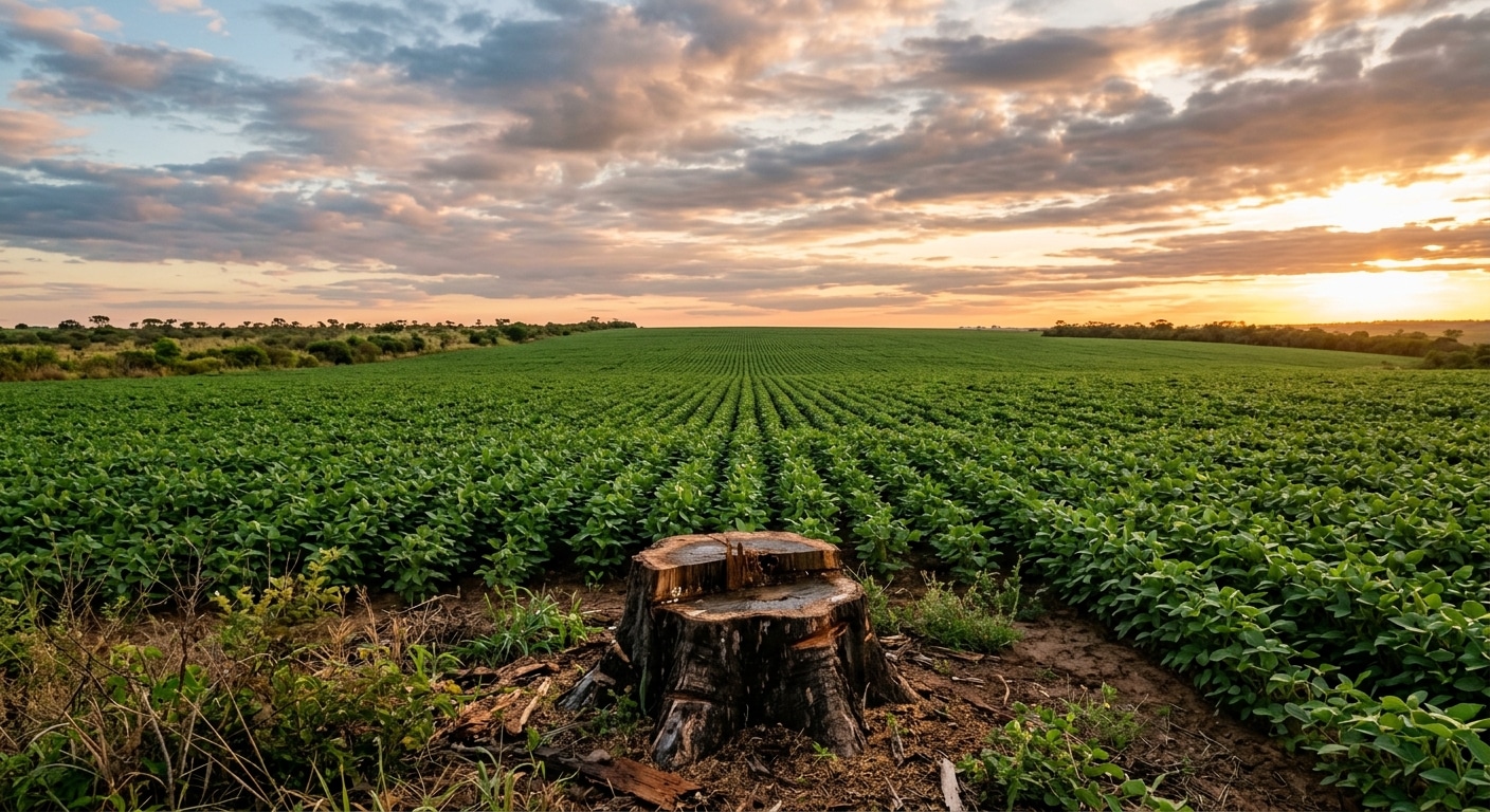 Campo coltivato di soia che si estende fino all'orizzonte, in primo piano un