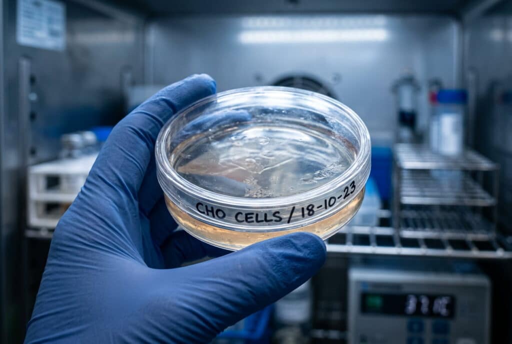 Mieloma Mano con guanto blu che regge una piastra di Petri etichettata "CHO CELLS / 18-10-23" in un laboratorio