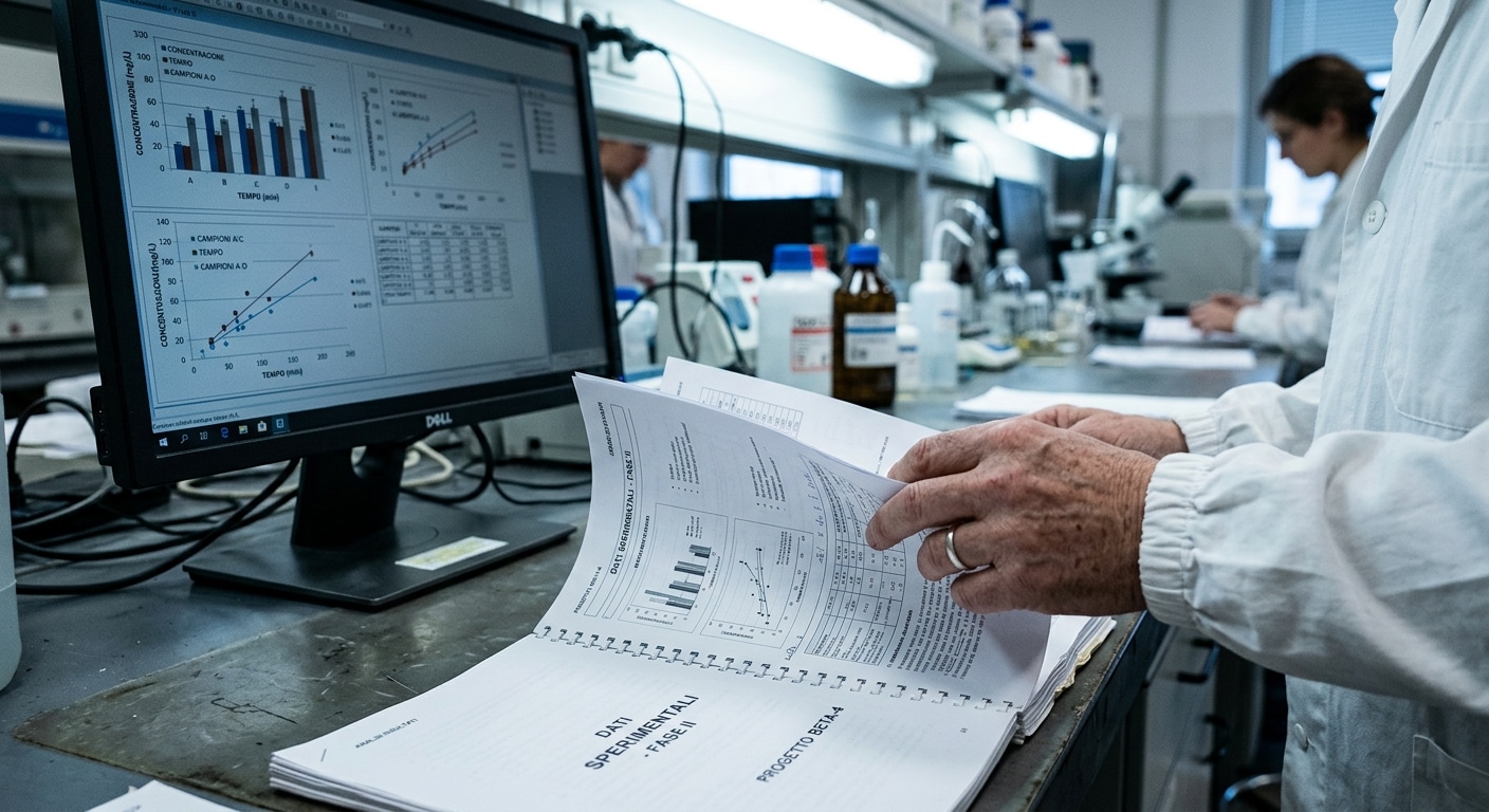 Mani di un ricercatore in camice che sfogliano un fascicolo di dati su un