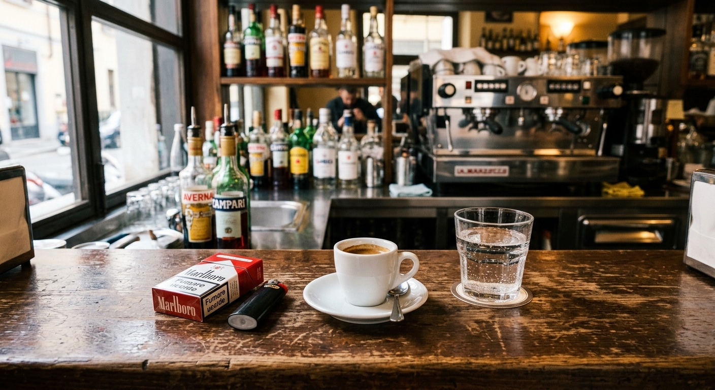Prevenzione del cancro Pacchetto di sigarette appoggiato sul bancone di un bar accanto a un caffè