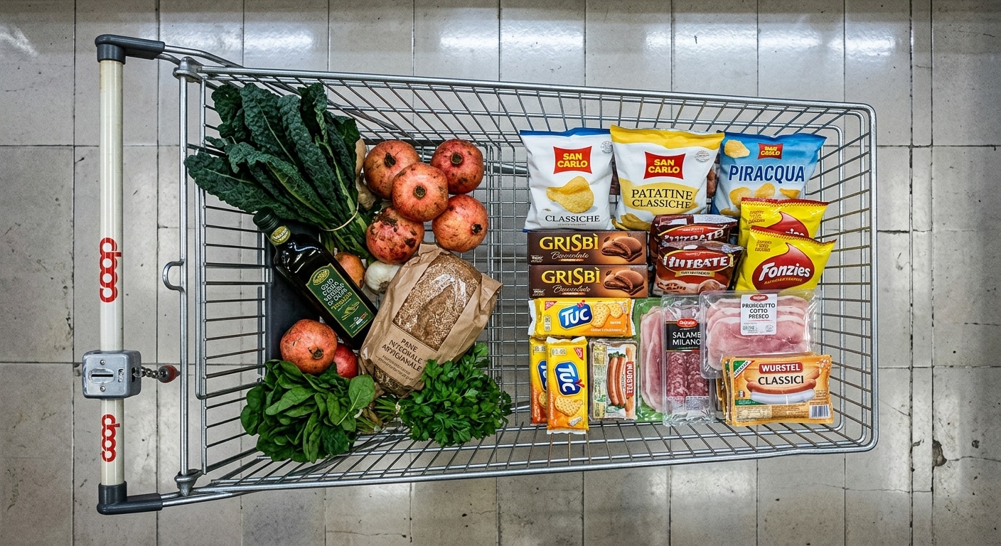 Dieta Un carrello della spesa visto dall'alto su pavimento di supermercato, contenuto