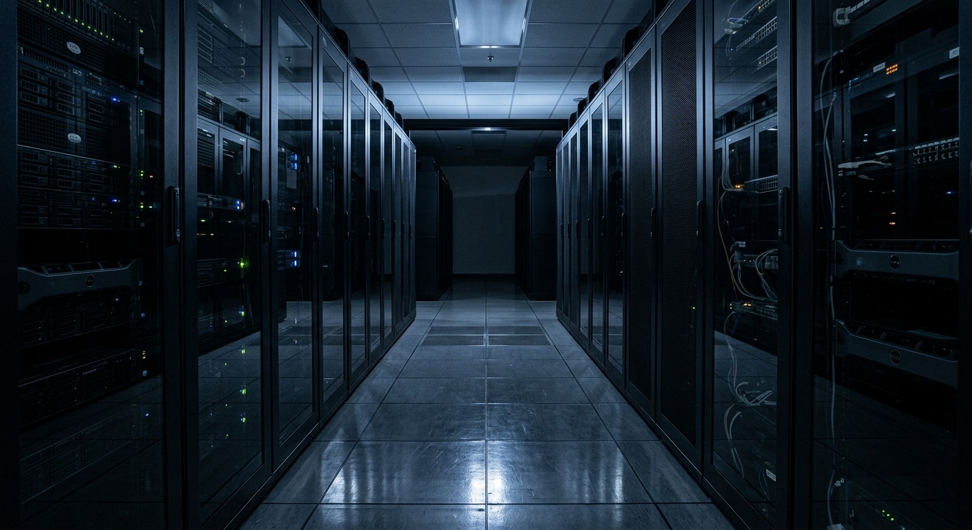 Modelli linguistici Una sala server vuota di notte, vista dal corridoio centrale tra due file di