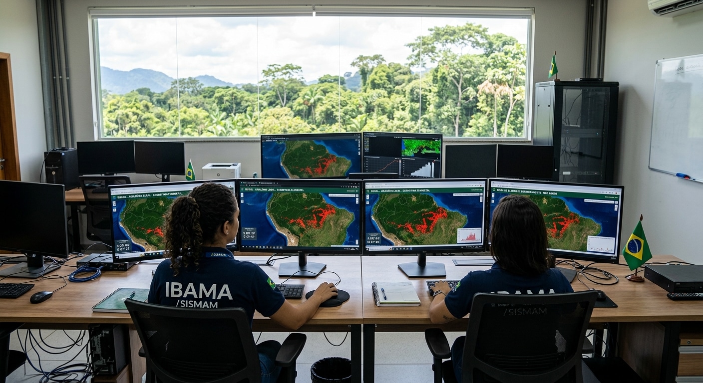 Deforestazione Una stazione di monitoraggio satellitare brasiliana, interno, di giorno. Due
