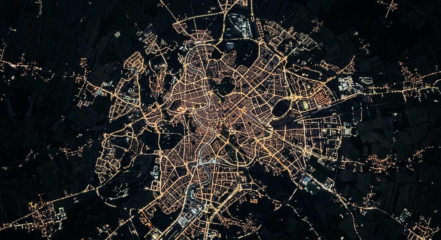 Vista aerea notturna di una grande città, scattata dall'alto in verticale. Le
