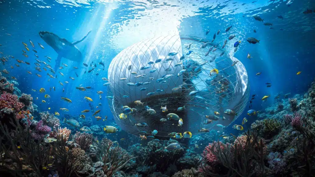 Architettura utopica Rendering della cupola subacquea del Baobab Waterfall immersa nella barriera corallina, circondata da pesci tropicali colorati e una balena sullo sfondo