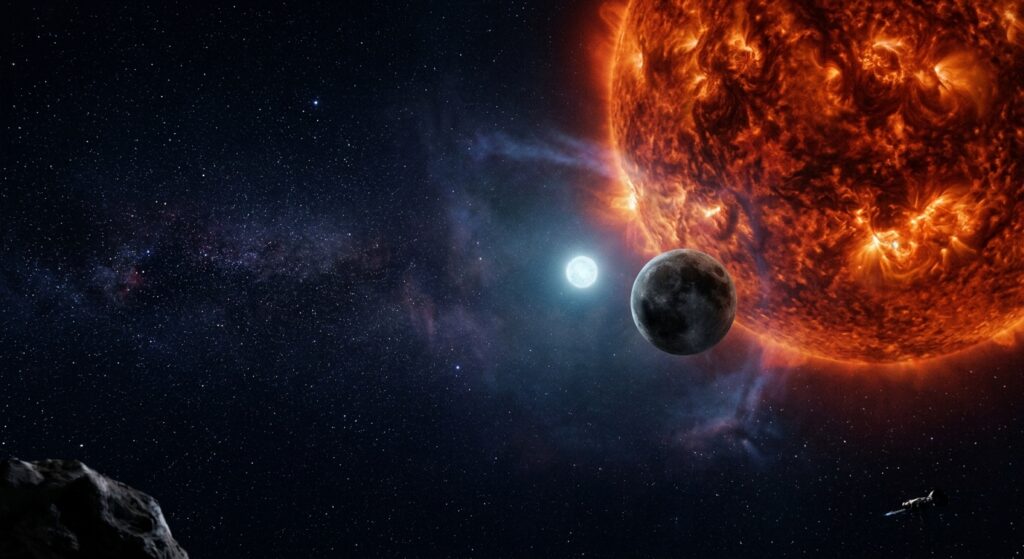 A breathtaking deep space scene showing Earth as a small, frozen, dark planet orbiting a dim white dwarf star — the remnant of a dead sun. The scene is set billions of years in the future: Earth's surface is a barren, icy, grey-brown wasteland with no oceans or atmosphere, gently illuminated by the cold pale glow of the white dwarf. Around the white dwarf, faint wisps of a planetary nebula linger like ghostly veils of gas. The background is a vast, star-filled cosmos, deep indigo and black. A large red giant star looms partially in the frame, representing the sun's earlier dying phase, its massive orange-red surface turbulent with stellar winds. The composition contrasts the enormous dying star with the tiny, silent, surviving Earth in the distance. Cinematic, scientifically inspired, photorealistic space art with dramatic lighting and a melancholic yet awe-inspiring atmosphere.