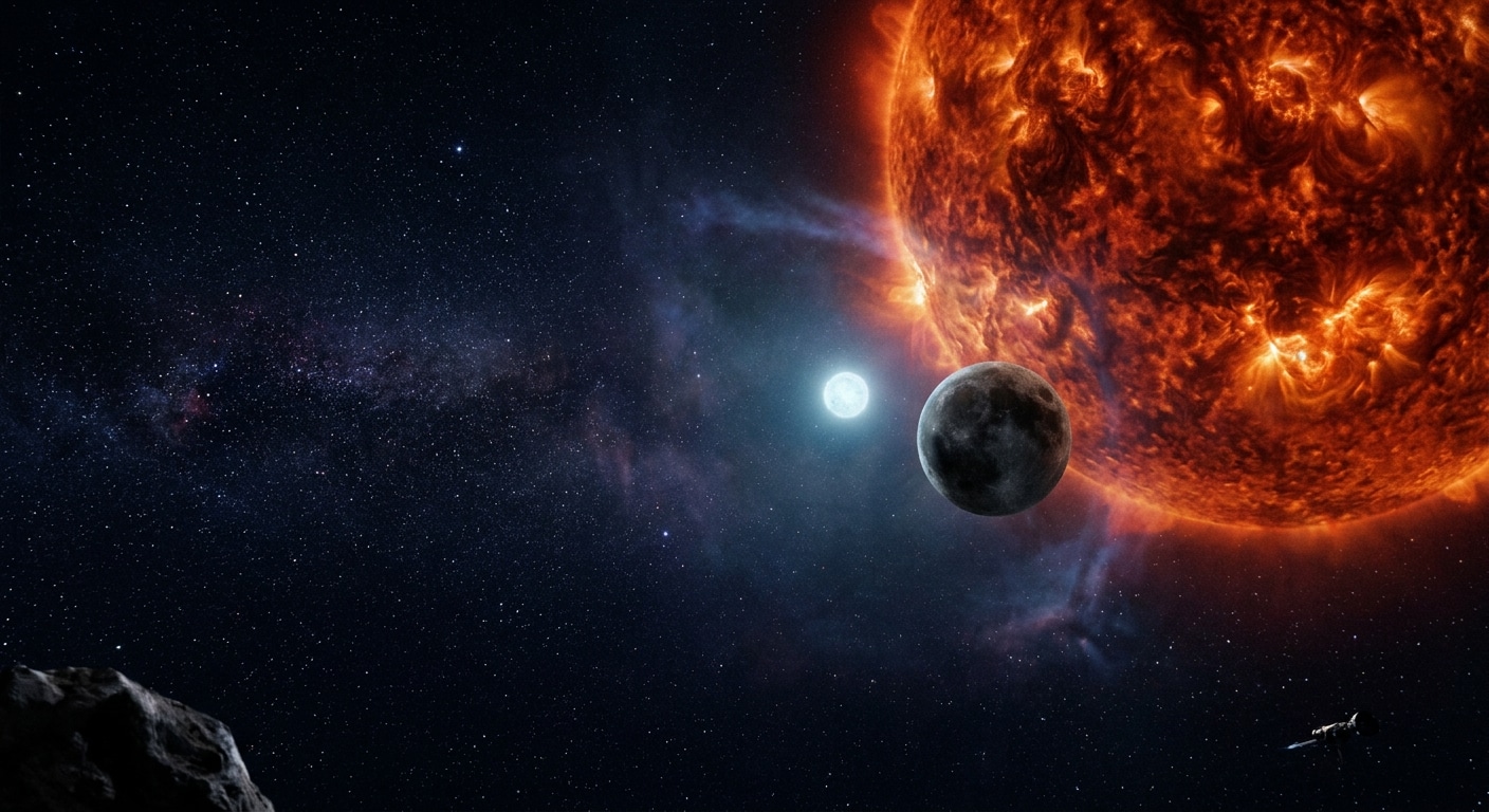 A breathtaking deep space scene showing Earth as a small, frozen, dark planet orbiting a dim white dwarf star — the remnant of a dead sun. The scene is set billions of years in the future: Earth's surface is a barren, icy, grey-brown wasteland with no oceans or atmosphere, gently illuminated by the cold pale glow of the white dwarf. Around the white dwarf, faint wisps of a planetary nebula linger like ghostly veils of gas. The background is a vast, star-filled cosmos, deep indigo and black. A large red giant star looms partially in the frame, representing the sun's earlier dying phase, its massive orange-red surface turbulent with stellar winds. The composition contrasts the enormous dying star with the tiny, silent, surviving Earth in the distance. Cinematic, scientifically inspired, photorealistic space art with dramatic lighting and a melancholic yet awe-inspiring atmosphere.